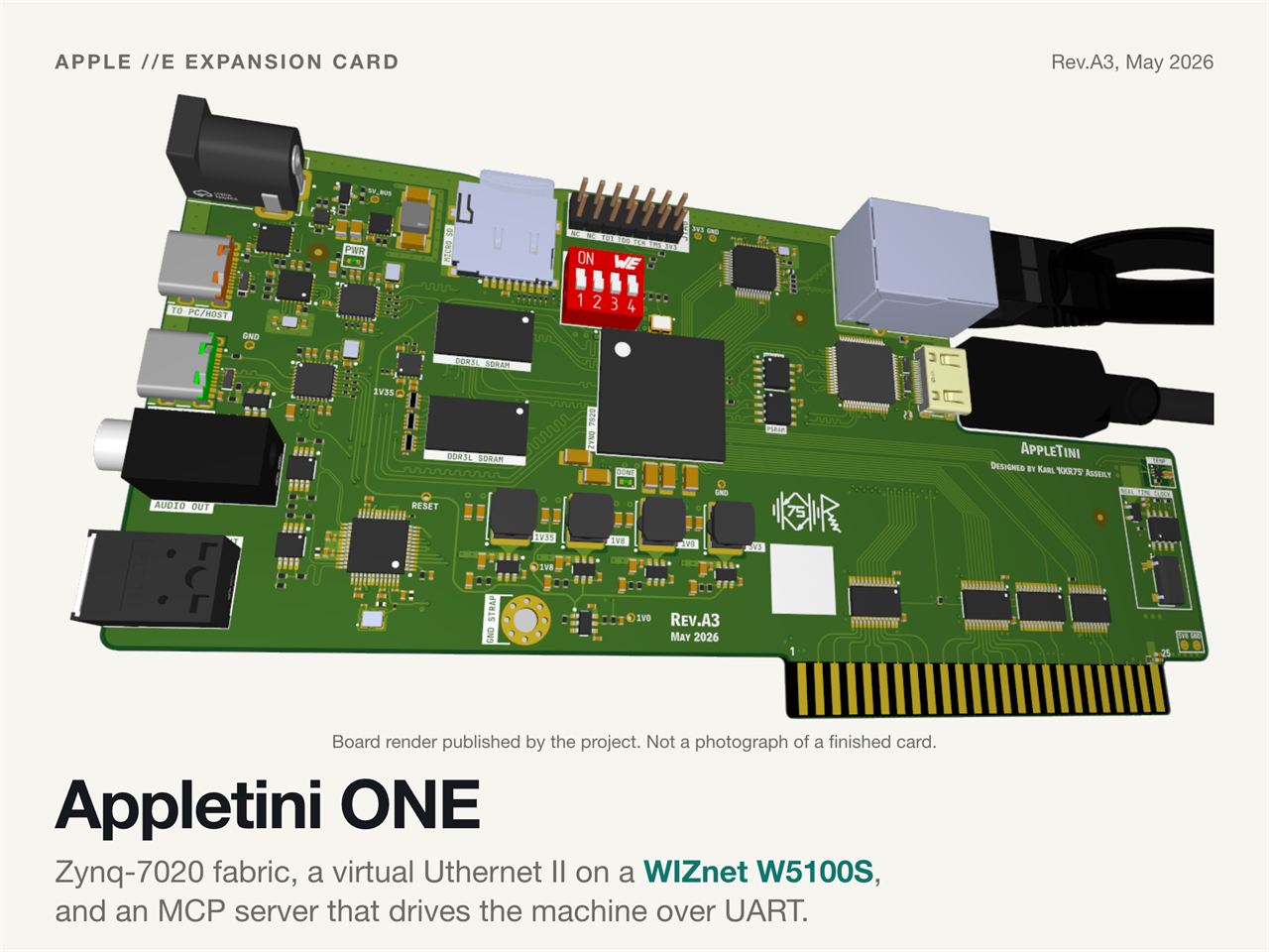 Board render of the Appletini ONE expansion card, a green Apple II card carrying a Zynq-7020 FPGA, two DDR3L SDRAM packages, PSRAM, an RJ45 jack with a network cable, a mini-HDMI port, USB-C, a micro-SD slot and an audio jack, with Rev.A3 May 2026 on the silkscreen