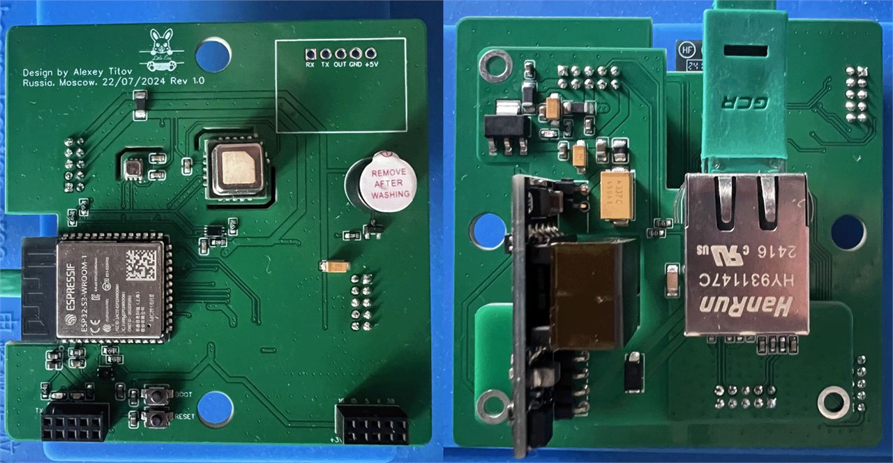 Photograph showing the front and back boards of the Eva sensor side by side on a blue mat, the left one carrying the microcontroller and sensors, the right one carrying a HanRun RJ45 jack and a black PoE module