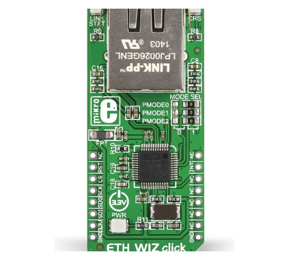WIZnet-hosted product photo of the external MIKROE ETH WIZ Click board