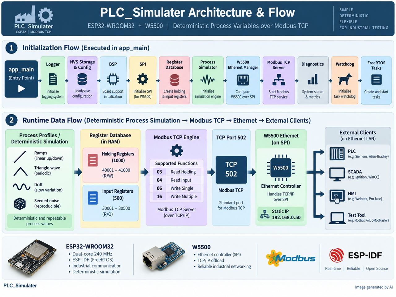 IndustrialSimulator: ESP32-WROOM32 and W5500 Modbus TCP Process Simulator, 시스템 구조