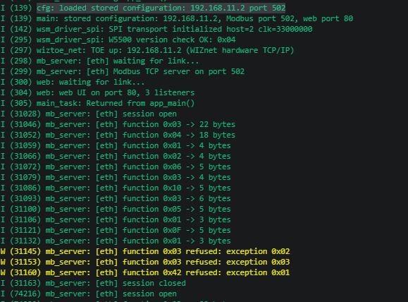Modbus TCP on the WIZnet ESP SoM, re-addressable from a browser, Run