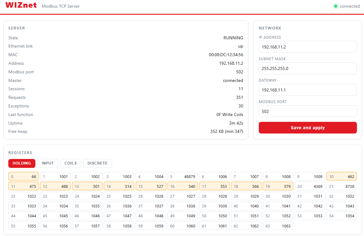 Modbus TCP on the WIZnet ESP SoM, re-addressable from a browser, Expected Result