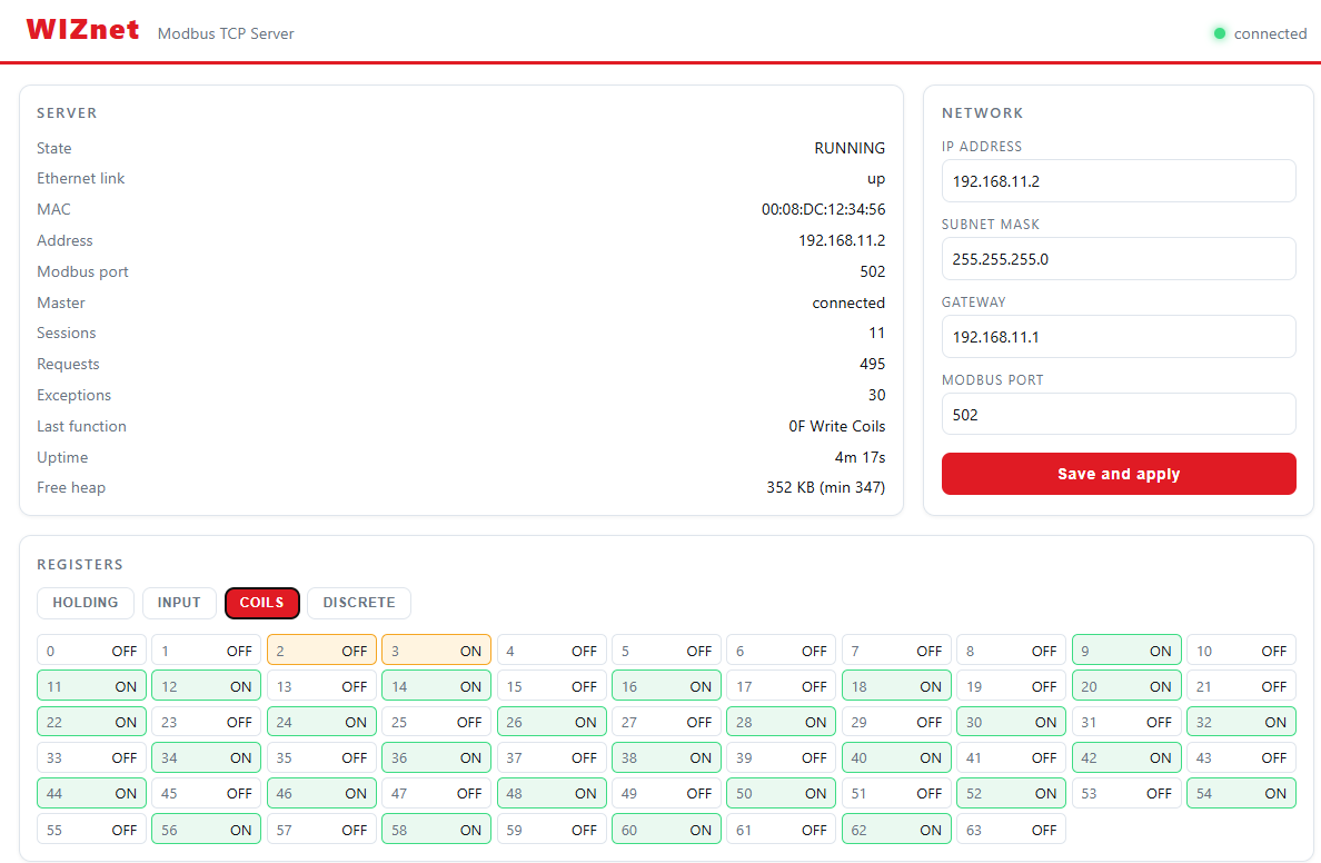 Modbus TCP on the WIZnet ESP SoM, re-addressable from a browser, Expected Result