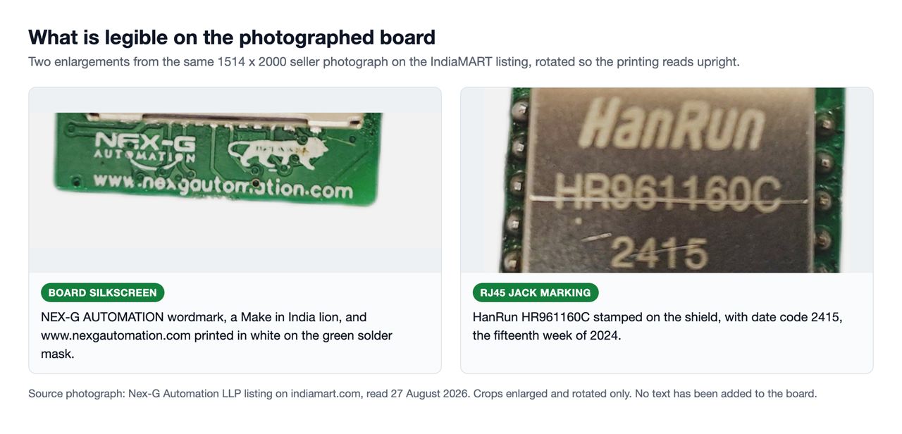 Two enlargements from one seller photograph, the left showing white silkscreen text reading NEX-G AUTOMATION with a lion emblem and www.nexgautomation.com on green solder mask, the right showing the metal RJ45 shield stamped HanRun HR961160C with date code 2415 between two columns of solder filled plated holes