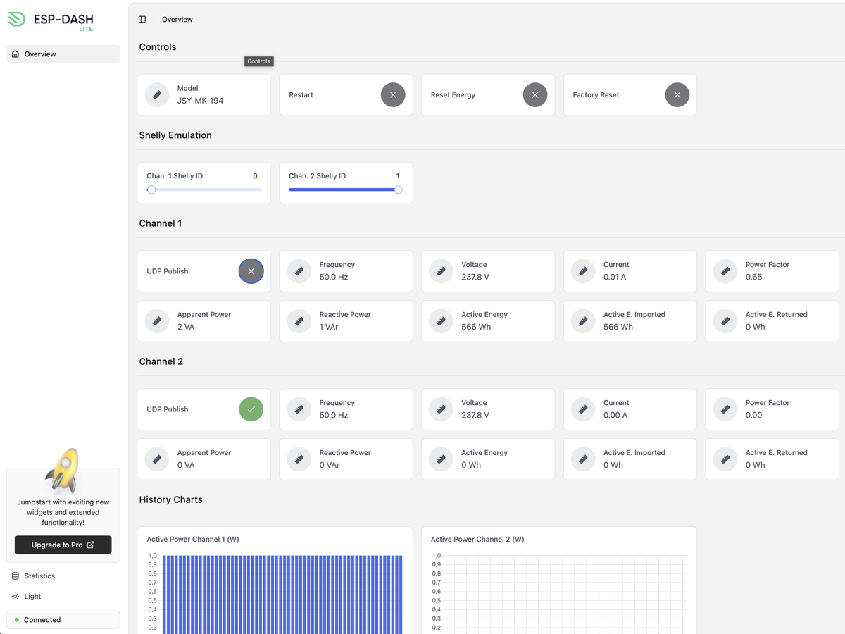 Edited repository screenshot: the ESP-DASH dashboard showing JSY channel data, UDP publish controls, Shelly emulation setting