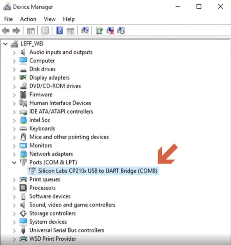 4. Open the Device Manager to Find Number of Your USB to Serial Port (COM8 Here)