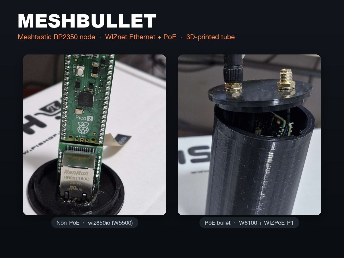 MESHBULLET non-PoE and PoE builds assembled in a 3D-printed bullet-shaped tube enclosure with antenna and Ethernet jack