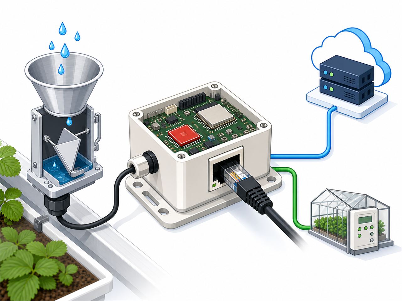 Generated concept illustration: a wired drainage sensor node using W5500 Ethernet to feed cloud data and greenhouse control p