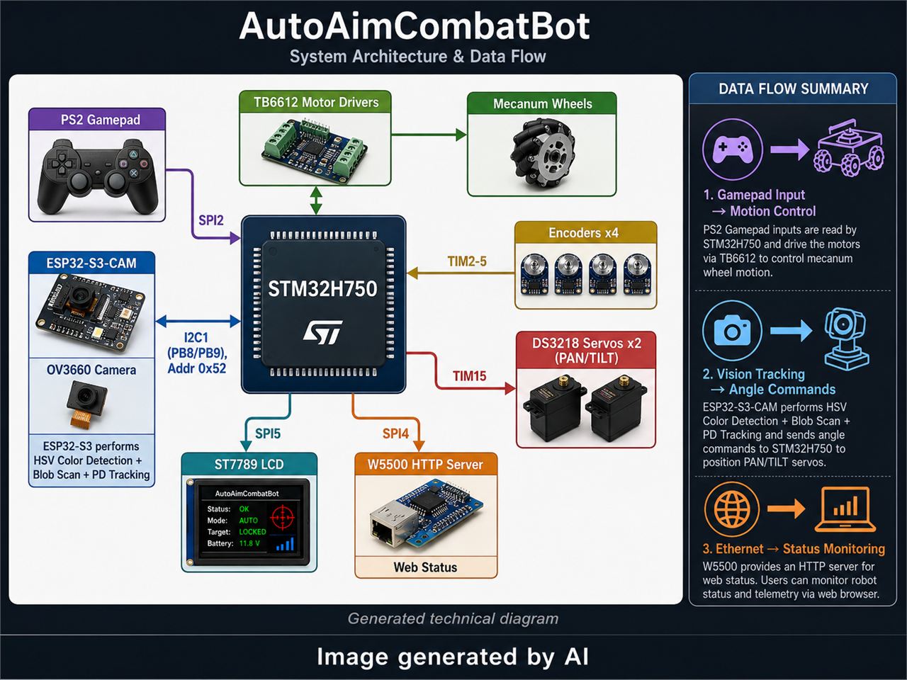 How Does AutoAimCombatBot Combine Mecanum Drive, Vision Tracking, and W5500 Web Status?, 시스템 구성
