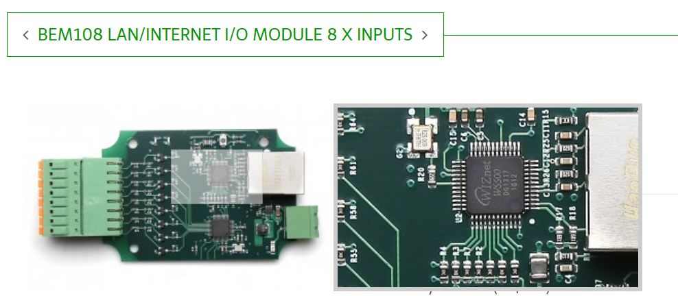 Photo of the W5500 mounted on BrickElectric's BEM108 module.
