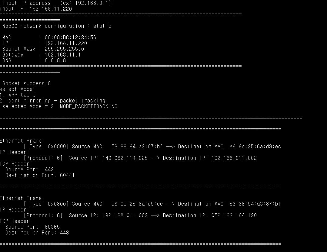 [W55RP20] Get ARP Table and packet Parsing, Result