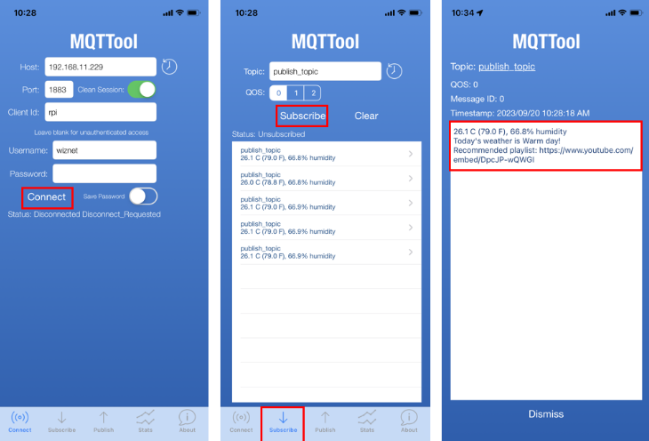 Recommended Weather-Appropriate Song Playlists by using W5x00-EVB-Pico with DHT11 & MQTT protocol