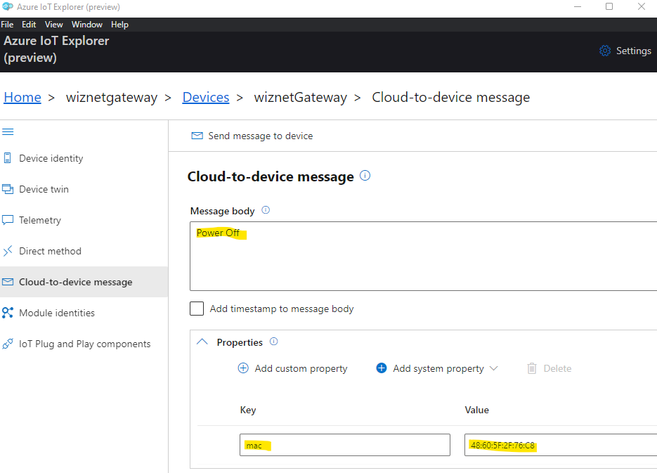 Cloud-to-Device message: Send the Messages to the IoT Device with the Device's own MAC address