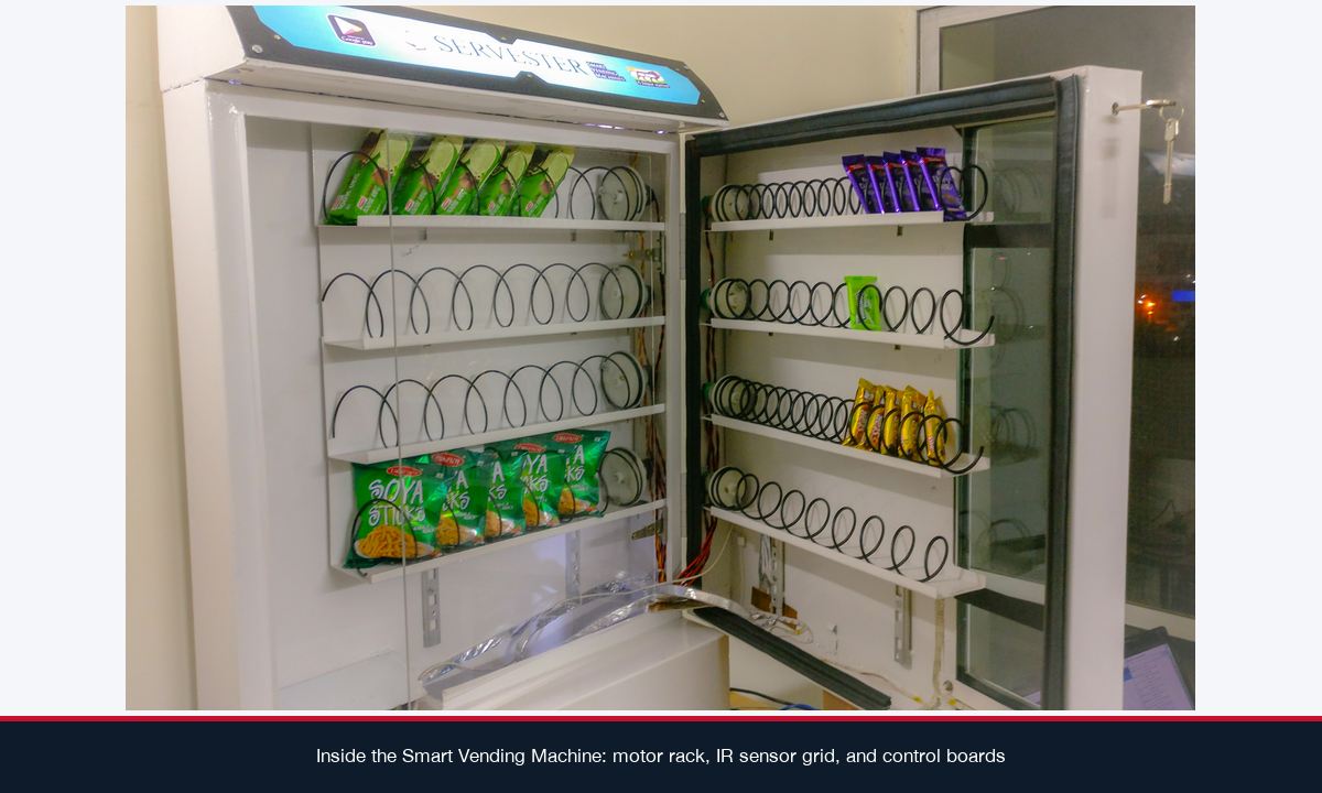 Interior of the Smart Vending Machine showing the motor rack, IR sensor grid, and control boards mounted inside the chassis