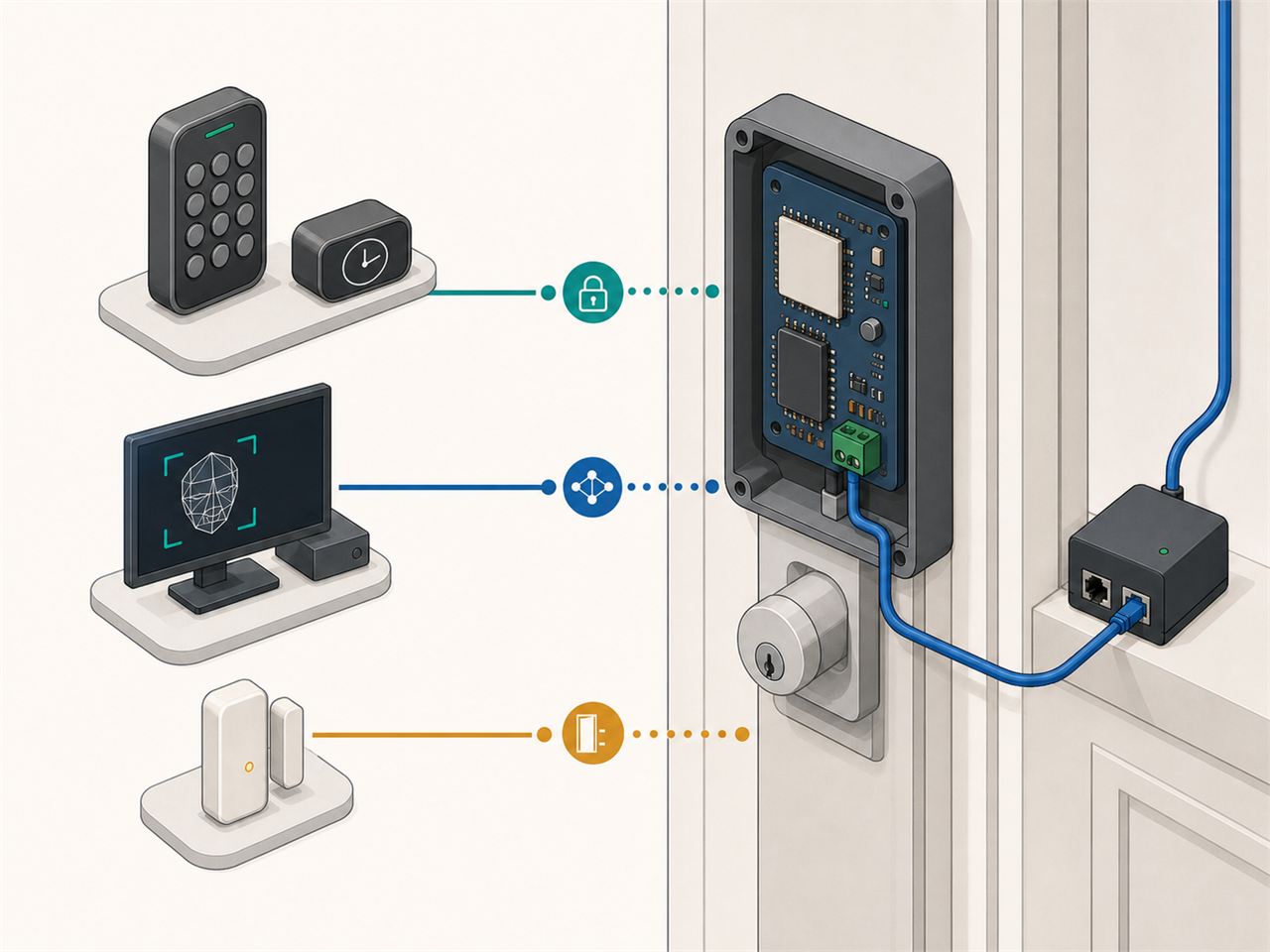 Generated illustration of keypad credentials, an external face event, and door-state signals reaching the wired lock