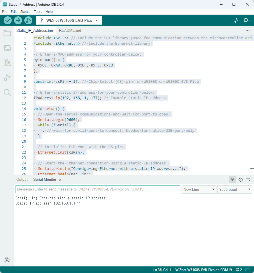 Using a Static IP Address with the W5100S-EVB-Pico Board and Arduino IDE, Result