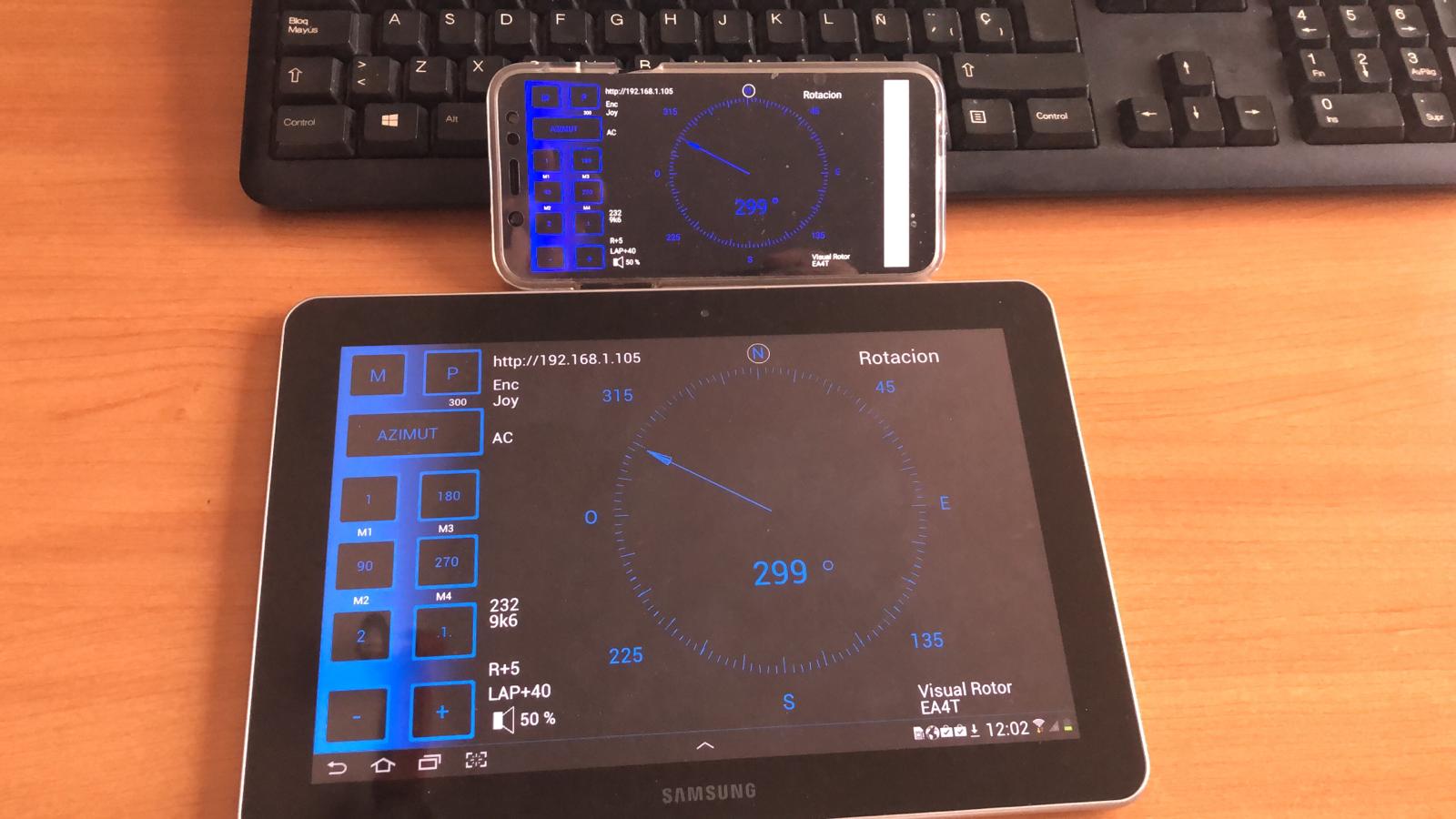 A real phone and tablet display the Visual Rotor Android compass, heading readout and direction controls.
