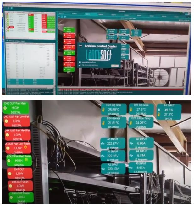 Arduino Mega with Lanmisoft Arduino Control Center monitoring and resetting mining rigs