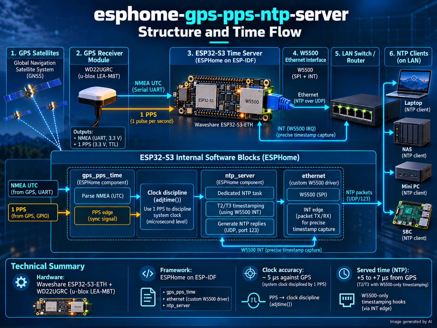 ESPHome GPS/PPS Stratum-1 NTP Server on ESP32-S3 with a W5500 Ethernet Timestamping Path, 시스템 구조