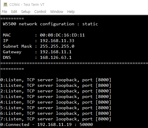 TCP server's screen (W55RP20)