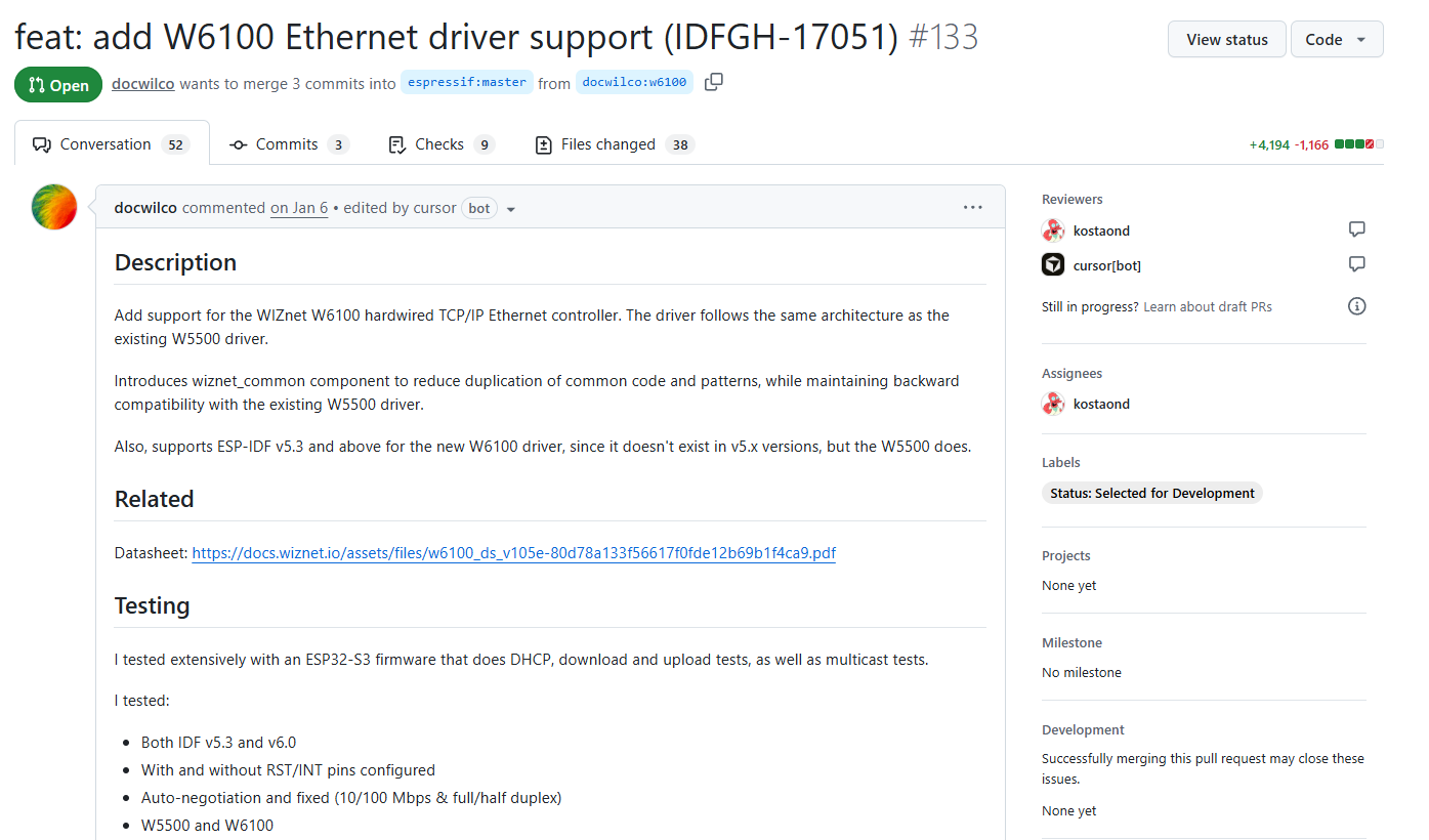 Open Source Contribution: ESP32 + W6100 Driver PR Under Review at Espressif