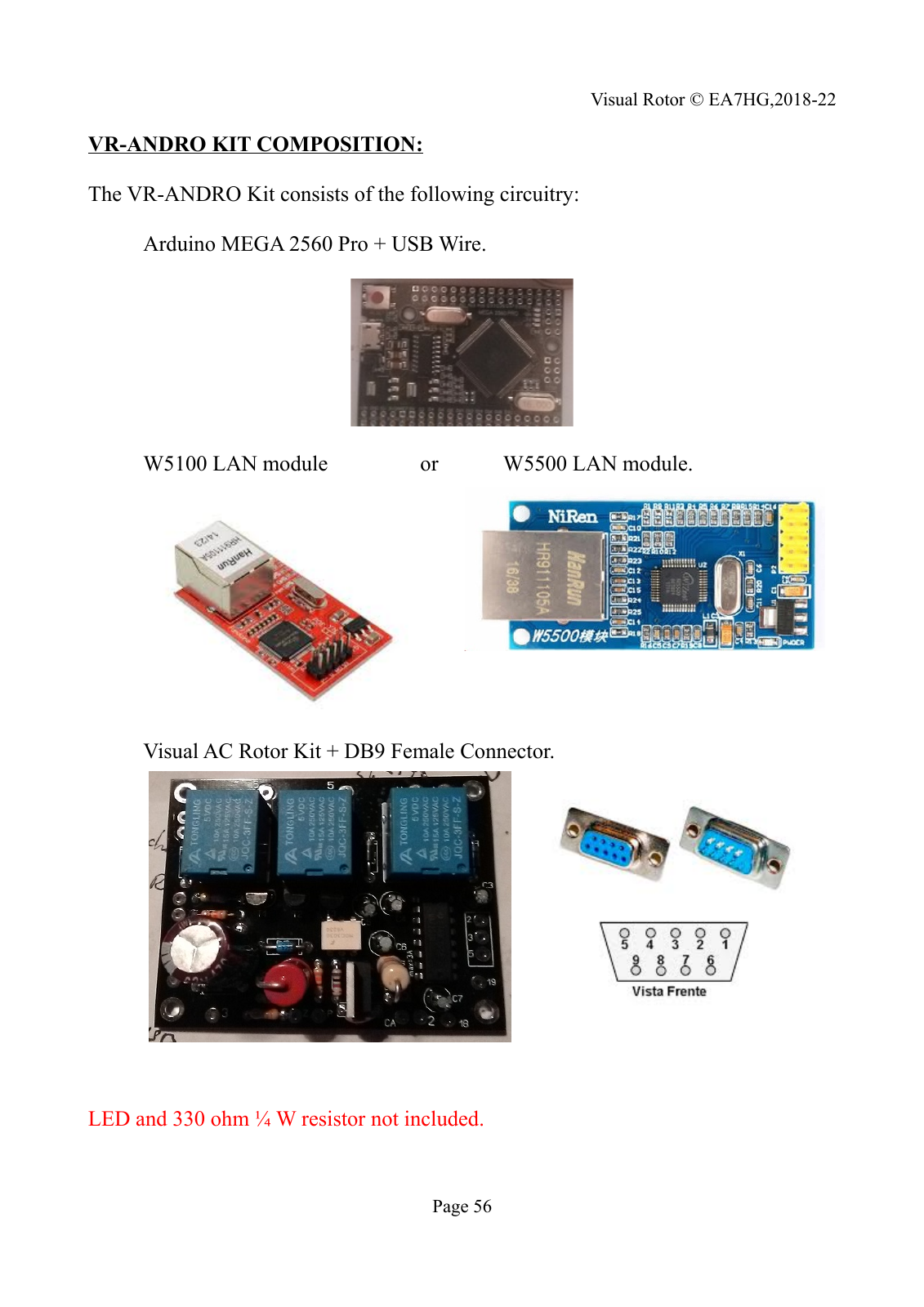 The full VR-ANDRO kit-composition page shows the Mega Pro, W5100 or W5500 alternatives, AC control board and DB9 connector.
