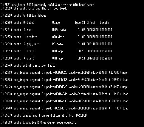Log output when the device enters the OTA bootloader.