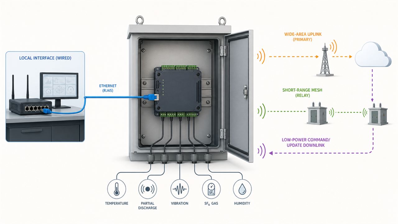 Generated technical illustration separating local W5500 Ethernet from wide-area, mesh-relay, and command-update wireless paths