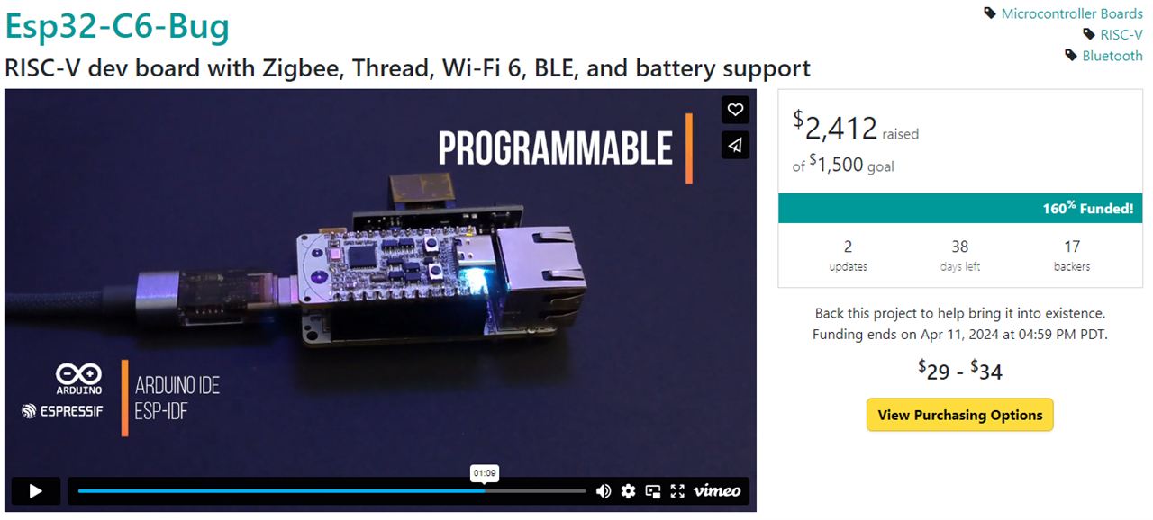 ESP32-C6-Bug WiFi 6, Bluetooth LE, and 802.15.4 board takes a PoE Ethernet shield