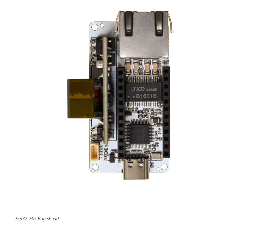 ESP32-C6-Bug WiFi 6, Bluetooth LE, and 802.15.4 board takes a PoE Ethernet shield