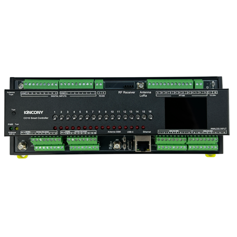 Front view of CO16 with labeled digital, analog and PT100 terminal groups