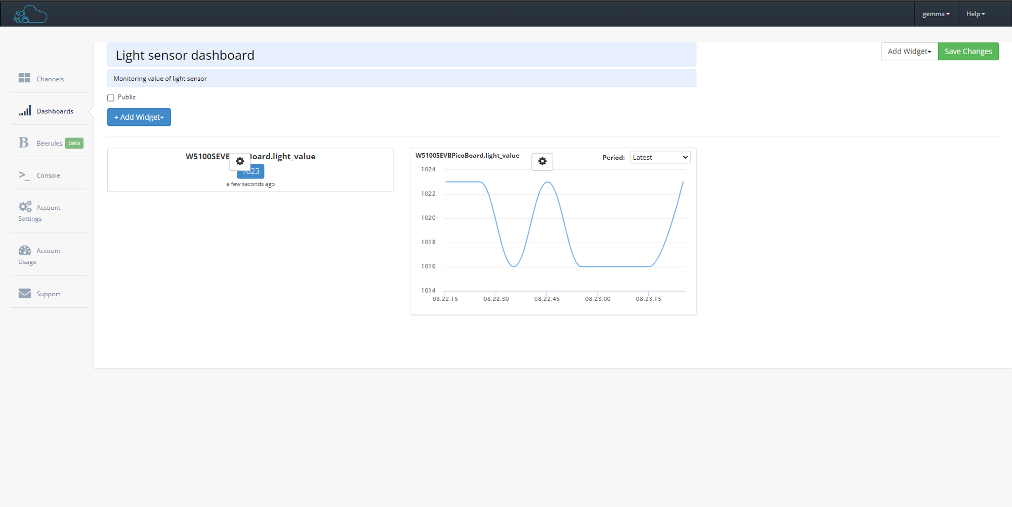 5. Monitoring Data on Beebotte Dashboard