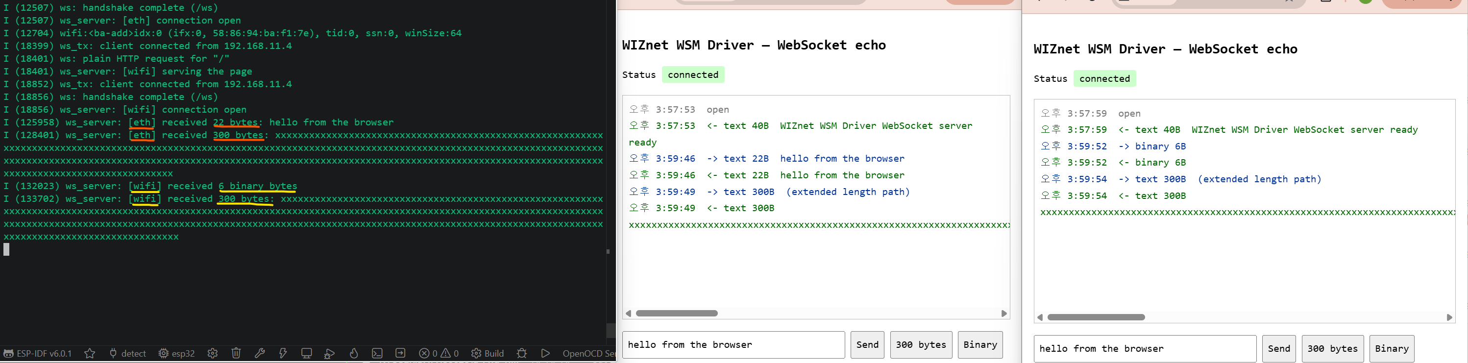 WebSocket on the WIZnet ESP SoM: the MCU never runs TCP, Expected Result