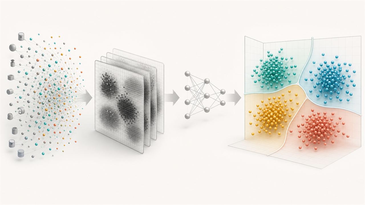 Generated scientific illustration of coordinate preprocessing, neural k selection, and K-means cluster regions