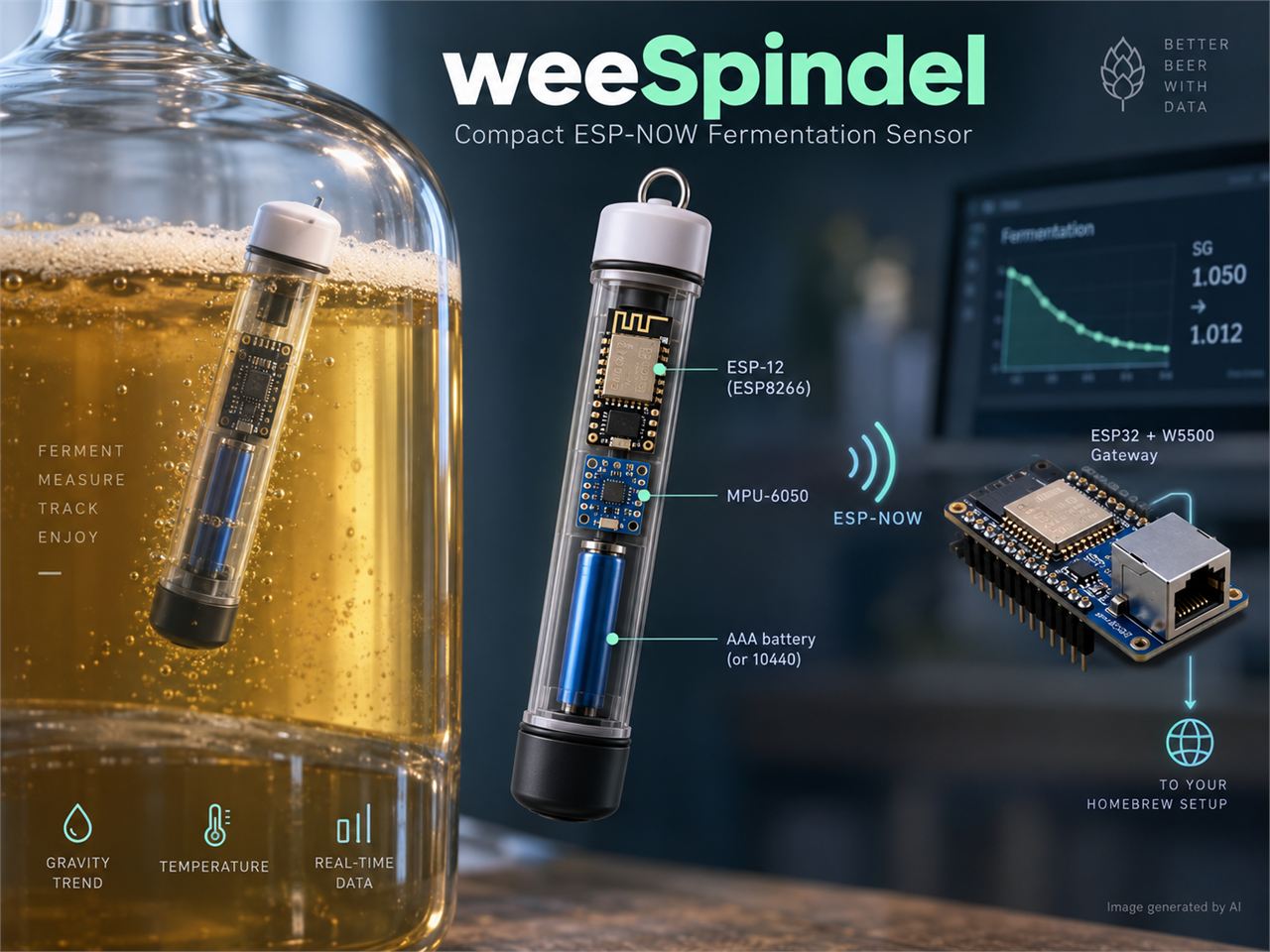 weeSpindel: a 25 mm ESP-NOW hydrometer with a W5500 Ethernet gateway, 개요