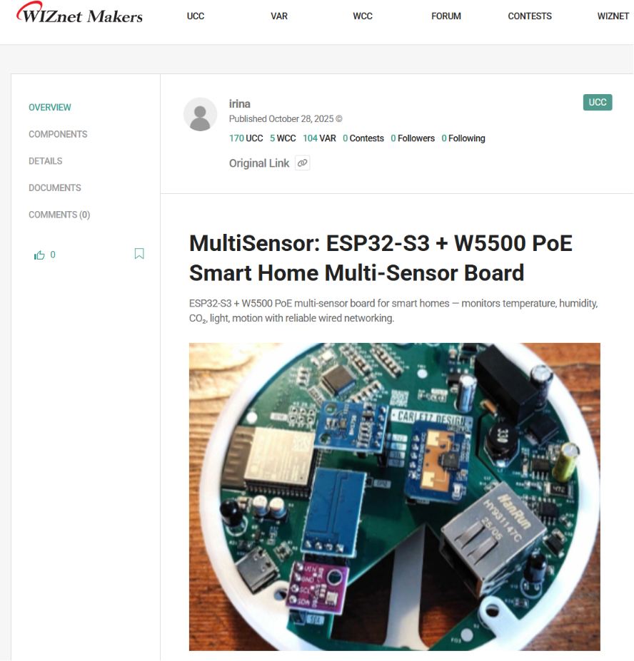 1. MultiSensor: ESP32-S3 + W5500 PoE Smart Home Multi-Sensor Board