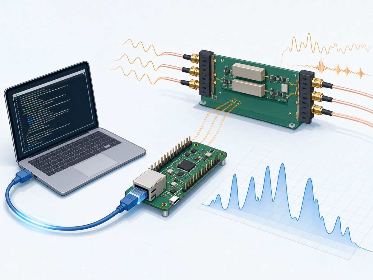 Generated illustration of a laptop controlling an RF frontend through a WIZnet Ethernet board