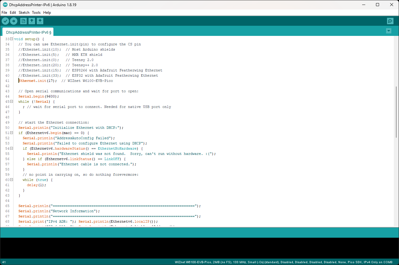 IPv4/IPv6 W6100-EVB-Pico with Arduino IDE