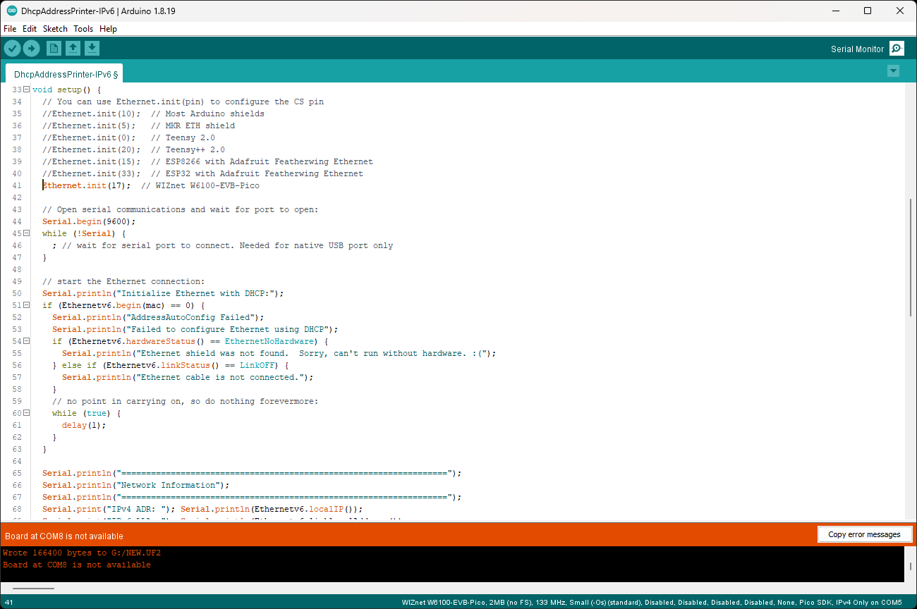 IPv4/IPv6 W6100-EVB-Pico with Arduino IDE