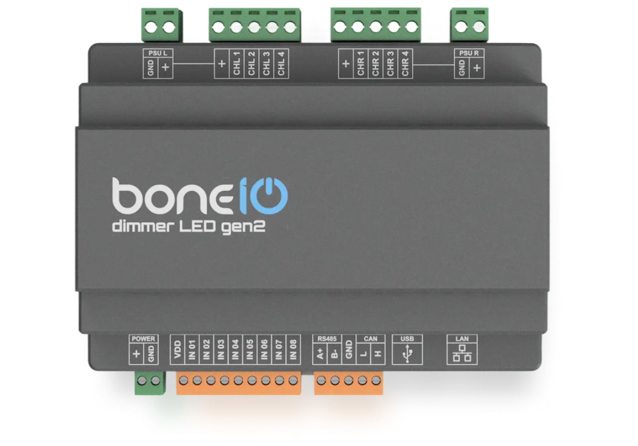 Front-facing 3D render of the boneIO dimmer LED gen2 showing green screw terminals for PSU L, CHL 1 to CHL 4, CHR 1 to CHR 4 and PSU R along the top, and orange terminals for POWER, VDD, IN 01 to IN 08, RS485 A+ B- GND, CAN L and H, USB and LAN along the bottom