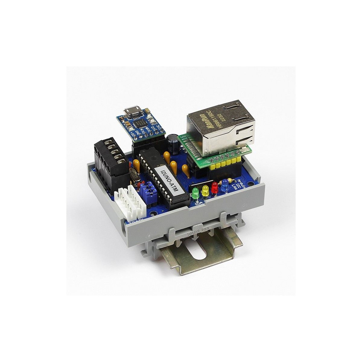 Perspective photograph of an assembled Horter I2ARL board clipped into a grey WAGO 288 DIN rail carrier on a short piece of steel rail, with a W5500 module and its RJ45 jack at the top right and a small blue CP2102 micro USB programming adapter plugged in at the top left
