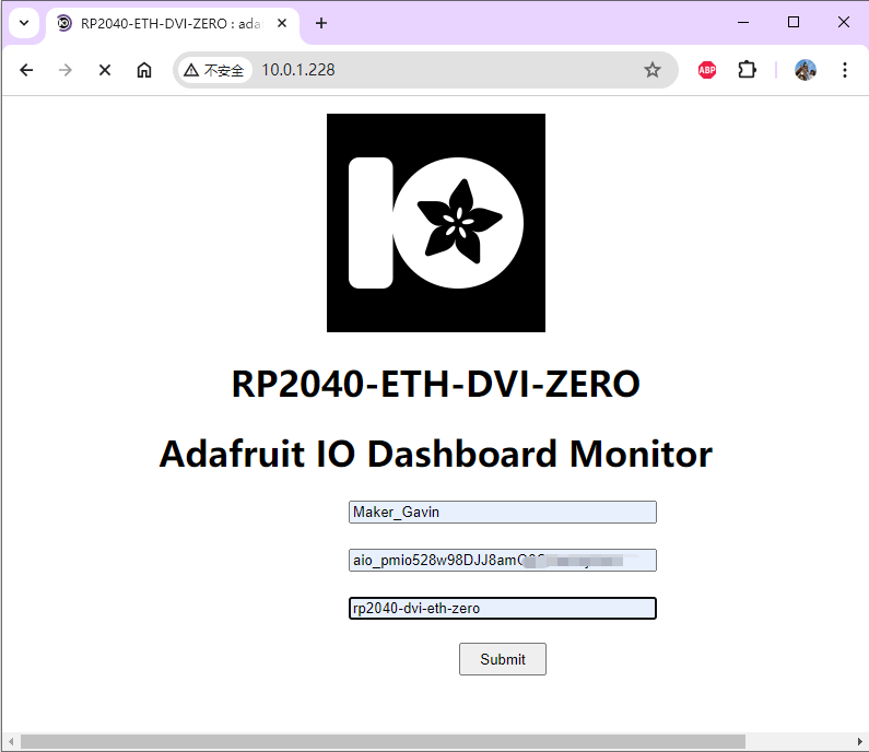 RP2040-ETH-DVI-ZERO: Adafruit IO Dashboard Monitor ( HDMI / DVI Mode )