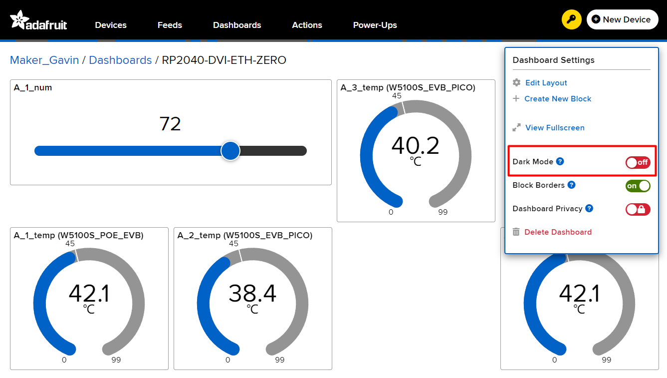 RP2040-ETH-DVI-ZERO: Adafruit IO Dashboard Monitor ( HDMI / DVI Mode )