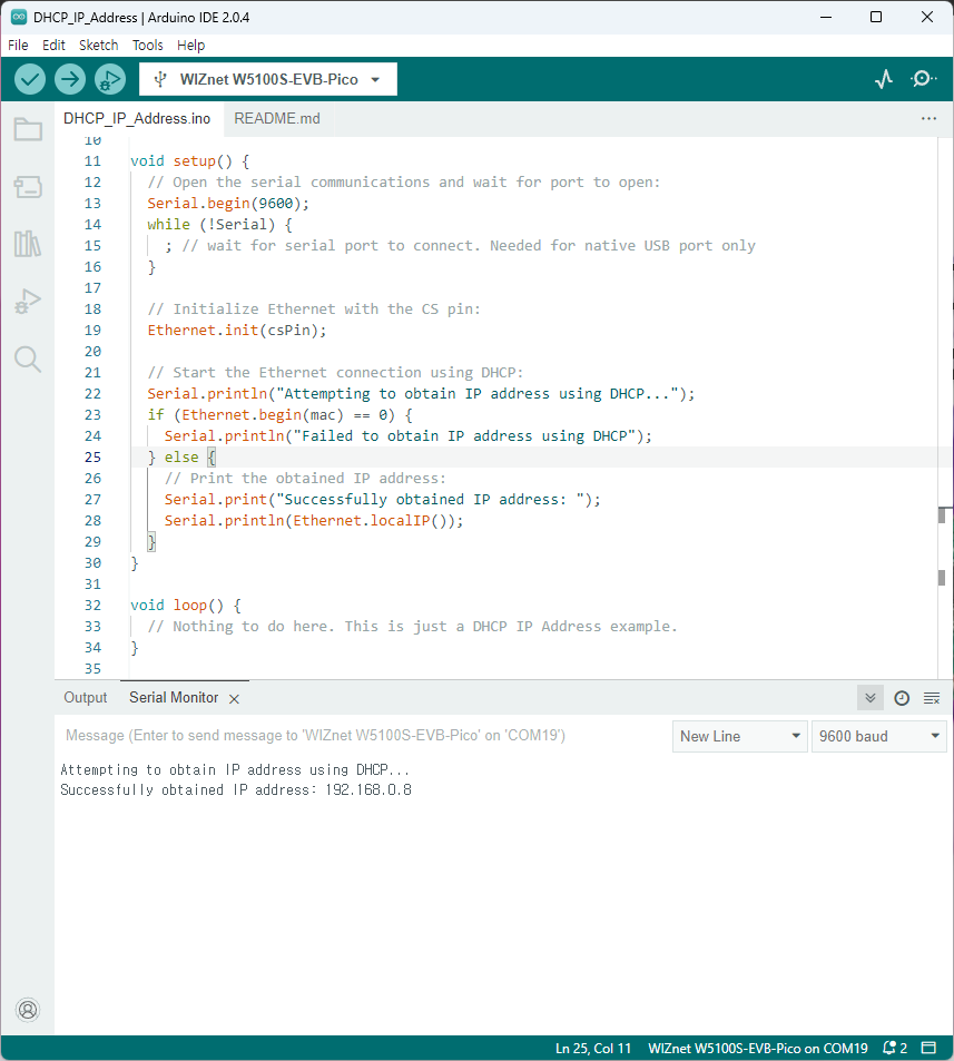 Obtaining an IP address with W5100S-EVB-Pico and Arduino IDE using DHCP, Result