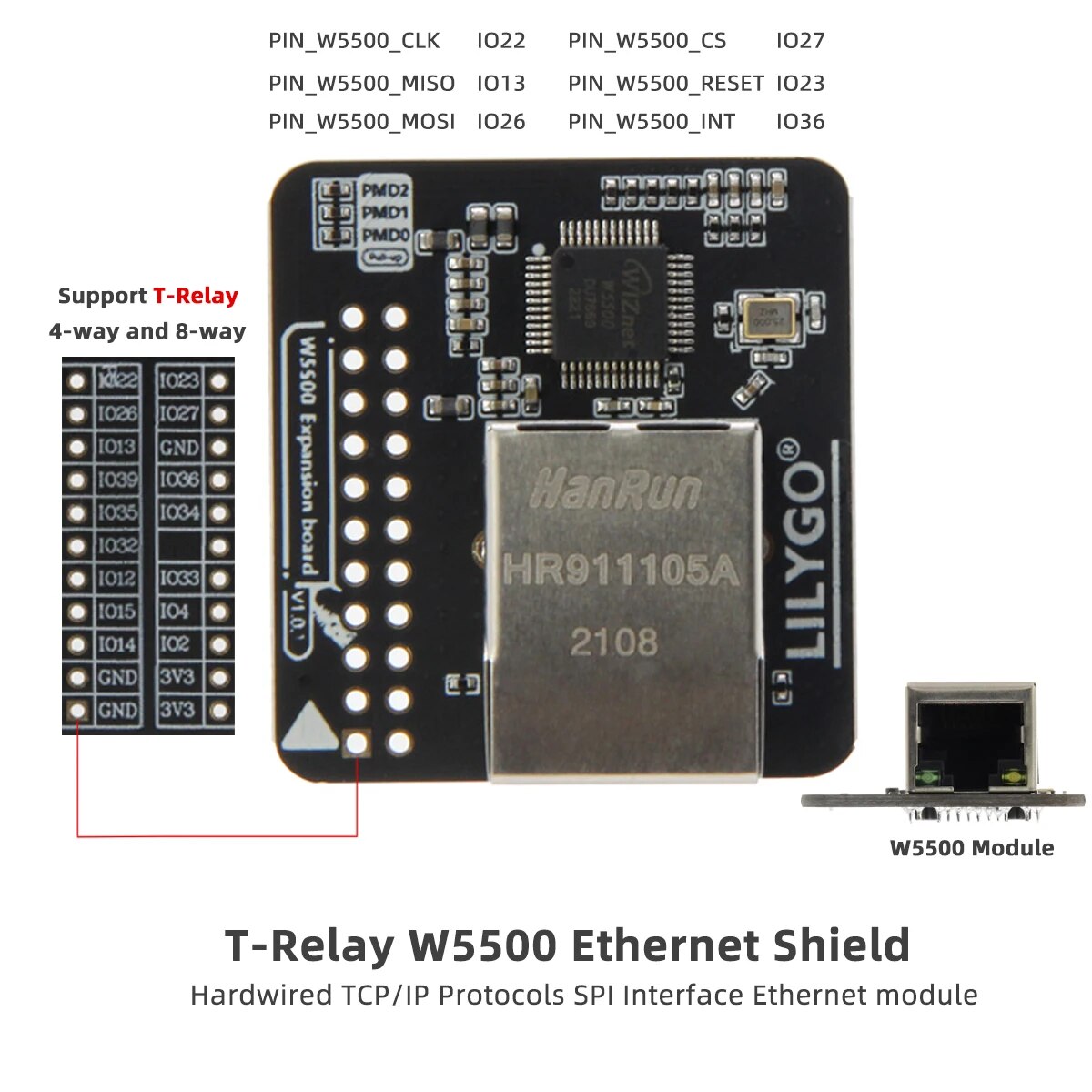 LILYGO® T-Relay-W5500 Ethernet Shield Used For T-Relay 4-Way Or 8-Way Development Board