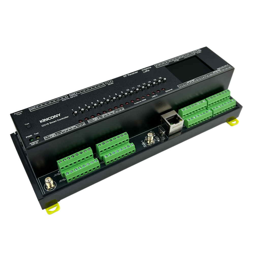 The KinCony CO16 controller with its metal enclosure, terminal blocks and Ethernet port