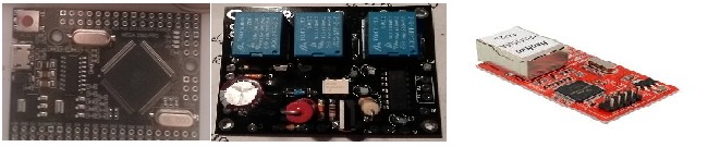 The manufacturer shows the Mega Pro, three-relay AC rotor-control board and red W5100 Ethernet module supplied for VRANDRO.