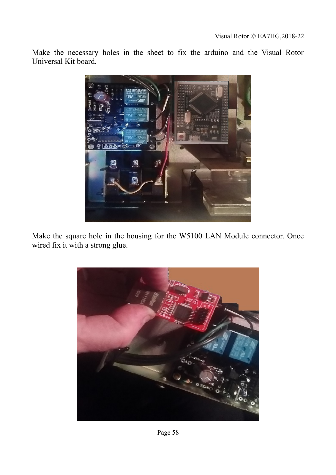 The complete manufacturer manual page shows the AC board and Mega Pro mounted inside a controller, followed by the W5100 Ethernet module positioned for installation.