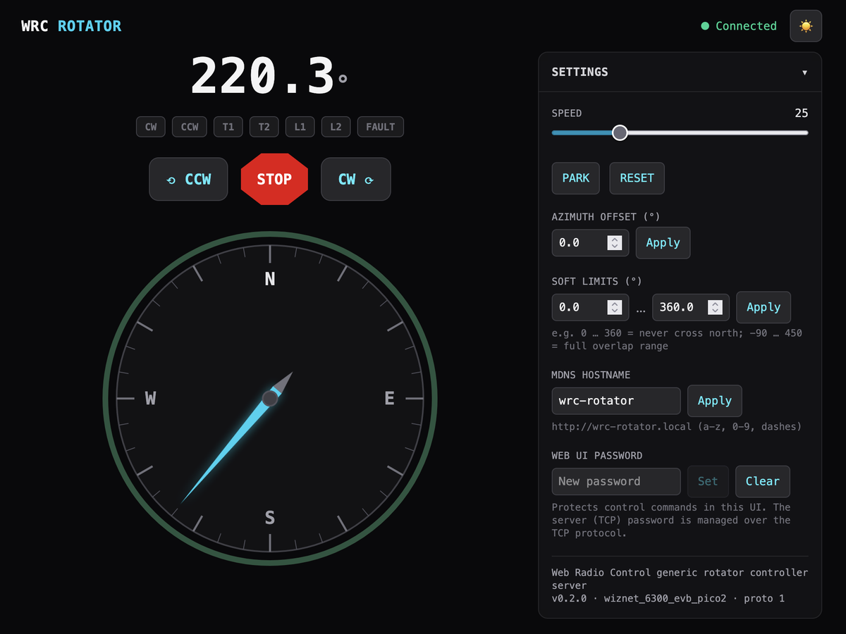 Screenshot of the rotator controller web UI on a dark background, showing a large 220.3 degree azimuth readout, a row of CW, CCW, T1, T2, L1, L2 and FAULT status chips, CCW, STOP and CW buttons, a 360 degree compass dial with a glowing cyan needle pointing south-west, and a settings drawer listing speed 25, azimuth offset, soft limits 0 to 360, the mDNS hostname wrc-rotator and the firmware line v0.2.0 wiznet_6300_evb_pico2 proto 1
