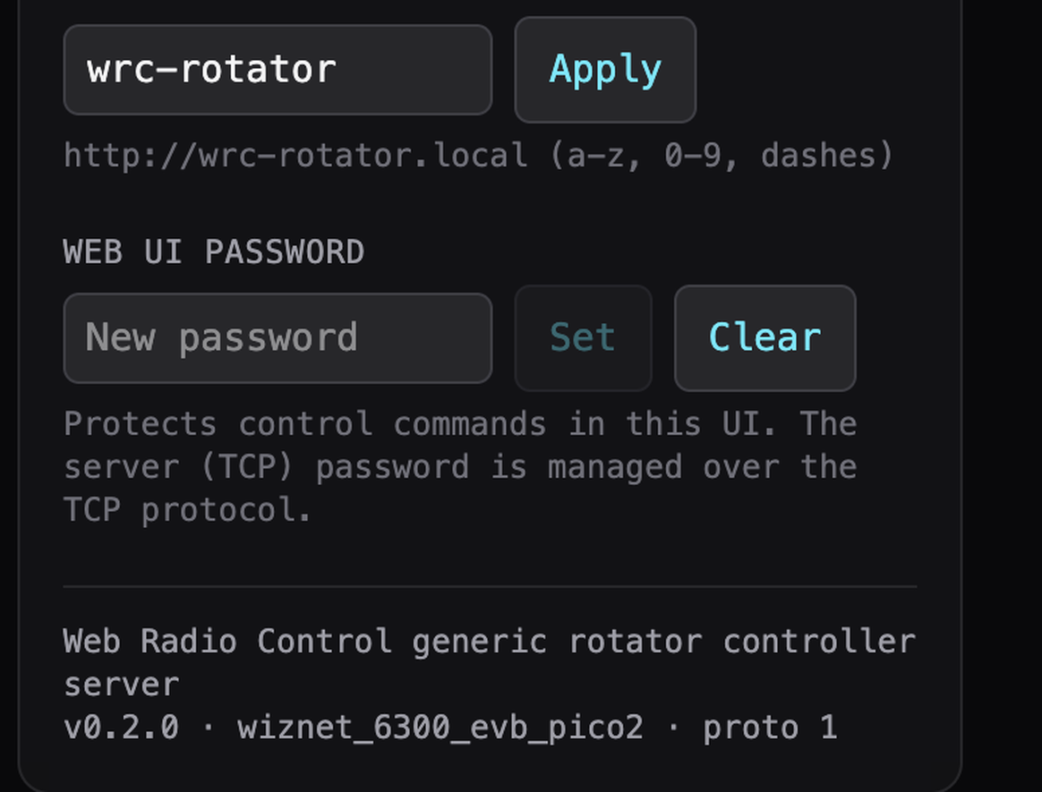 Crop of the settings drawer at the bottom of the rotator web UI, showing the mDNS hostname field set to wrc-rotator, a web UI password field with Set and Clear buttons, and a firmware information line reading Web Radio Control generic rotator controller server v0.2.0, wiznet_6300_evb_pico2, proto 1